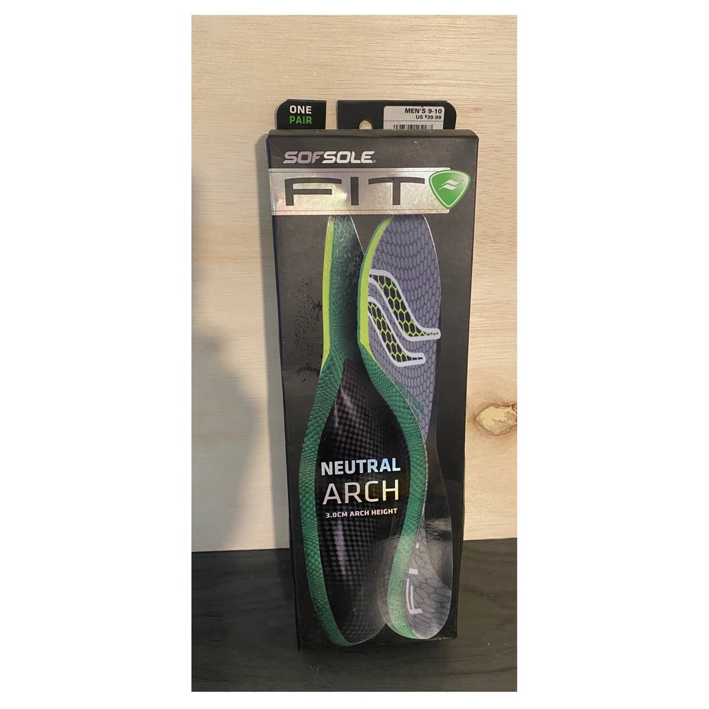 Sof Sole FIT Neutral Arch Insoles Mens Size 9-10 3.0cm Arch Support Green Black
